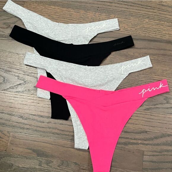 Victorias Secret Pink Set of 4 Soft Cotton Thong Panty Gray Black Pink Xlarge - Picture 9 of 9